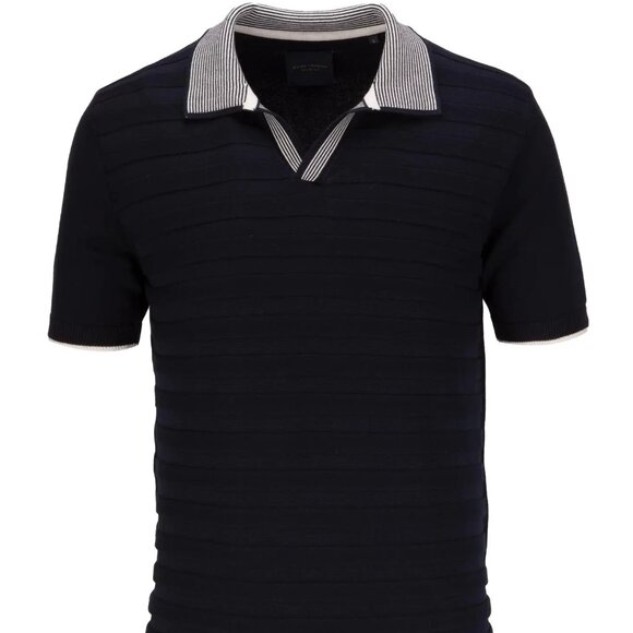 Guide London Navy Tonal Stripe Rib Knit Buttonless Short Sleeve Polo - Picture 1 of 3